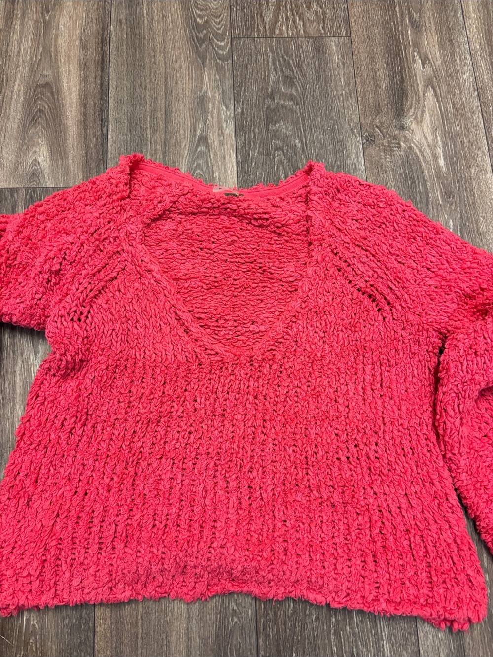 Free People Bright Red V-Neck Chunky Knit Sweater